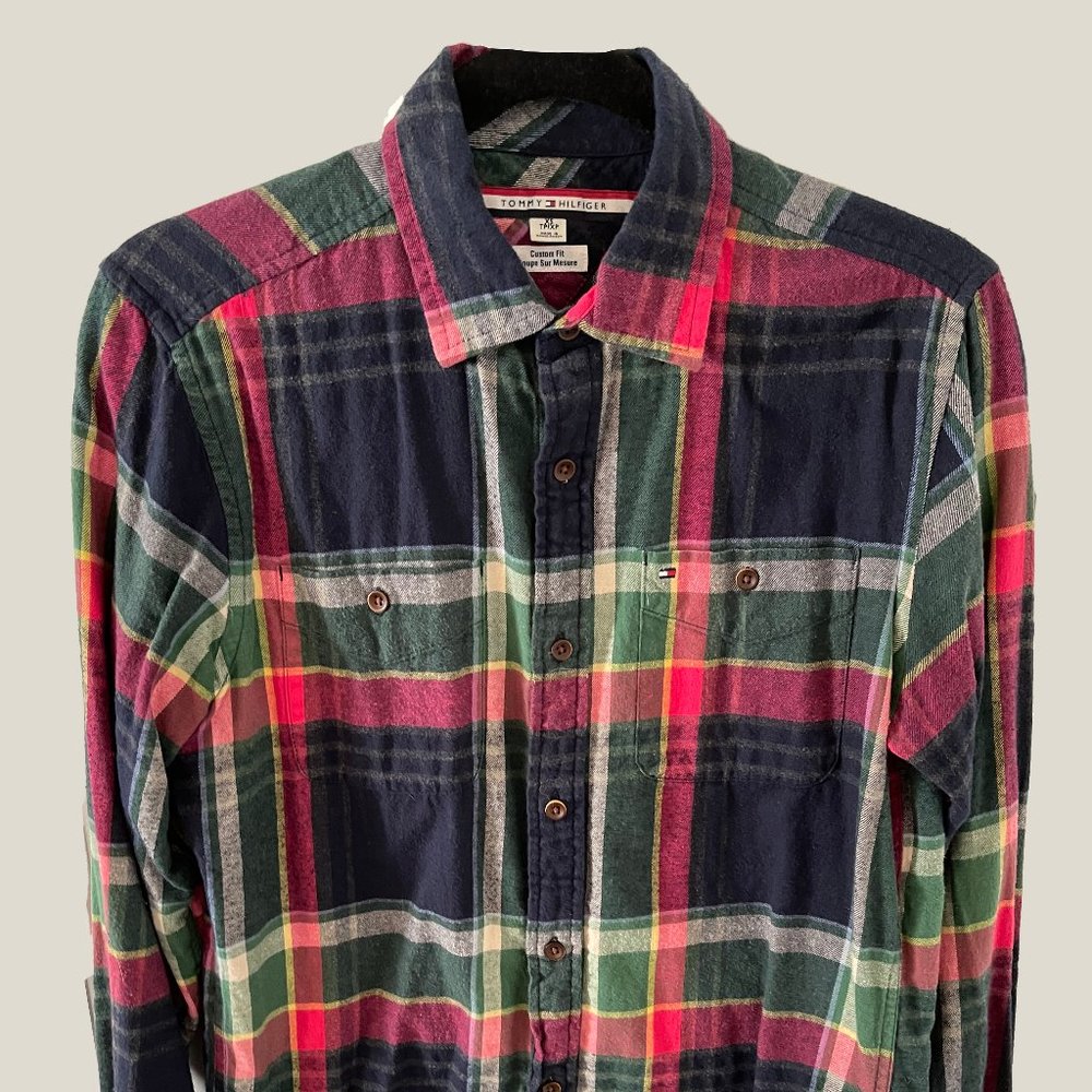 SALE XS TOMMY HILFIGER ORANGE NAVY GREEN PLAID CUSTOM FIT WOVEN SHIRT